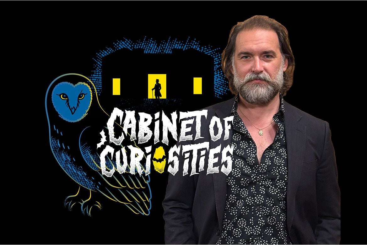 Graphic showing Derek Christian Quezada Meneses, in a black-and-white patterned shirt and black jacket, beside a blue illustrated owl, with bold white text reading “Cabinet of Curiosities” on a black background.