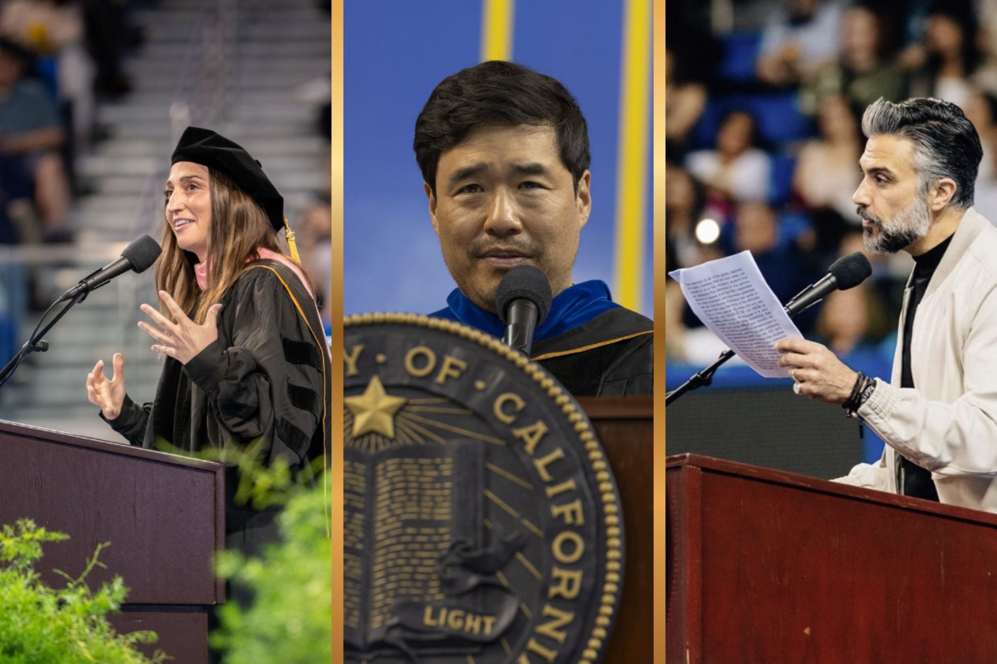 Thrice split image showing Sara Bareilles Randall Park and Jaime Camil each standing behind UCLA seal and wooden podium during commencement addresses