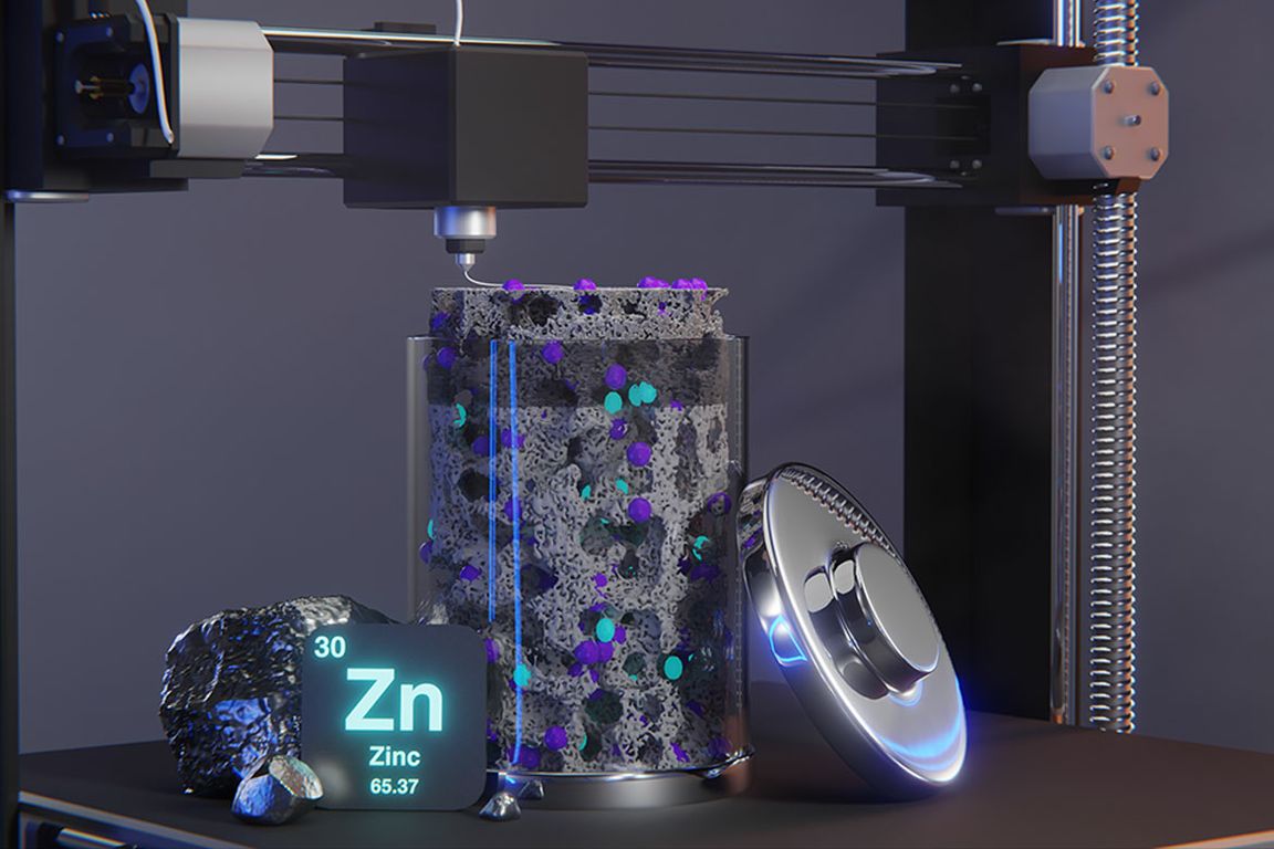 3D printer depositing material into a transparent container with a porous zinc structure, alongside zinc metal samples and a zinc element icon.